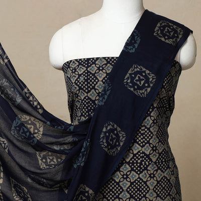 Blue - 3pc Cotton Kutch Batik Print Dress Material 17