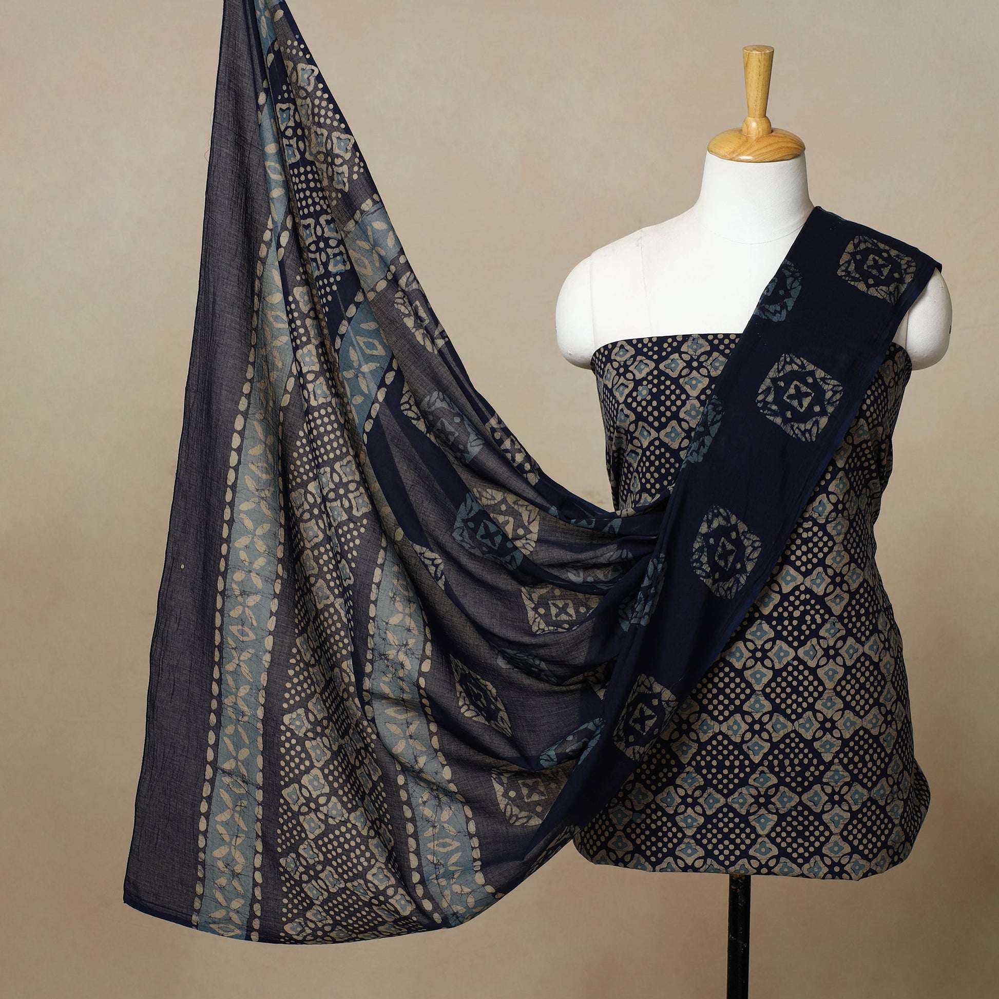 Blue - 3pc Cotton Kutch Batik Print Dress Material 17