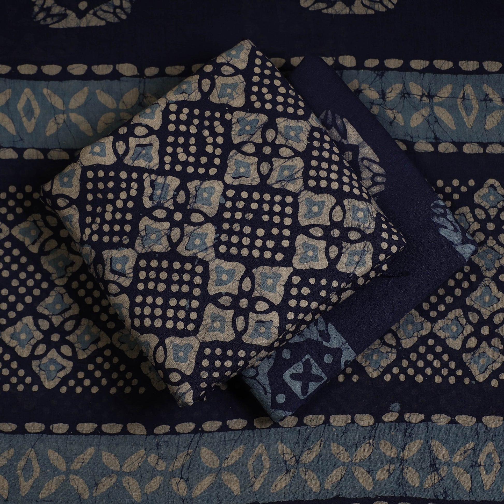 Blue - 3pc Cotton Kutch Batik Print Dress Material 17