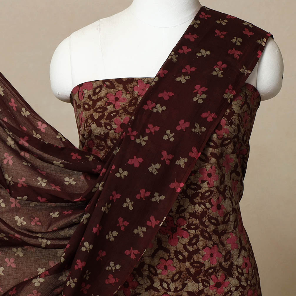 Brown - 3pc Cotton Kutch Batik Print Dress Material 21