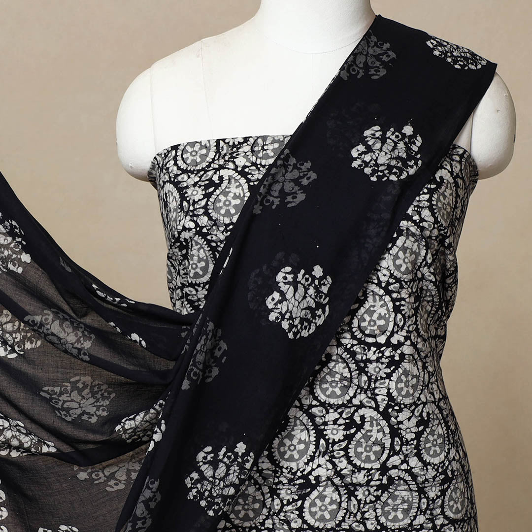 Black - 3pc Cotton Kutch Batik Print Dress Material 22