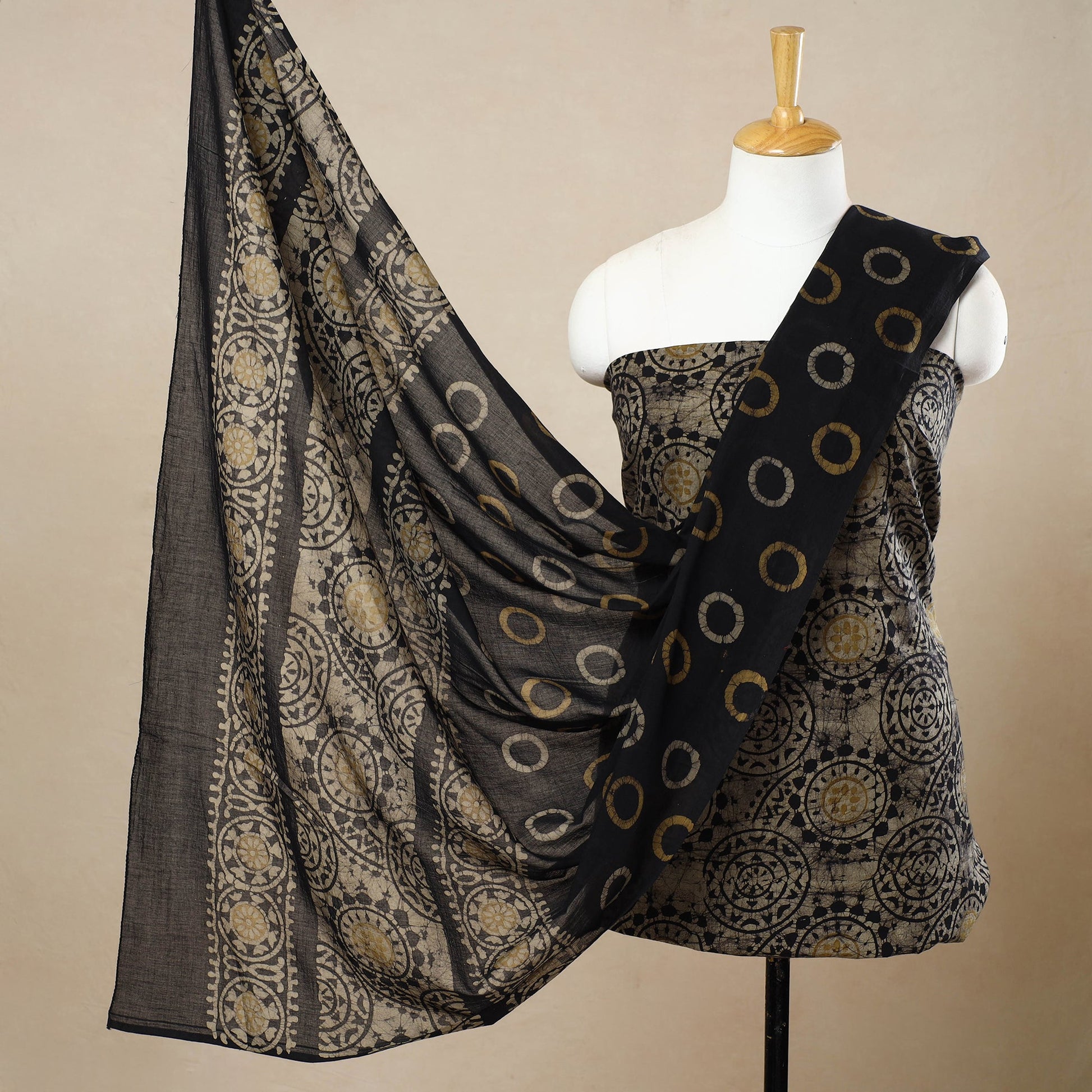 Black - 3pc Cotton Kutch Batik Print Dress Material 34