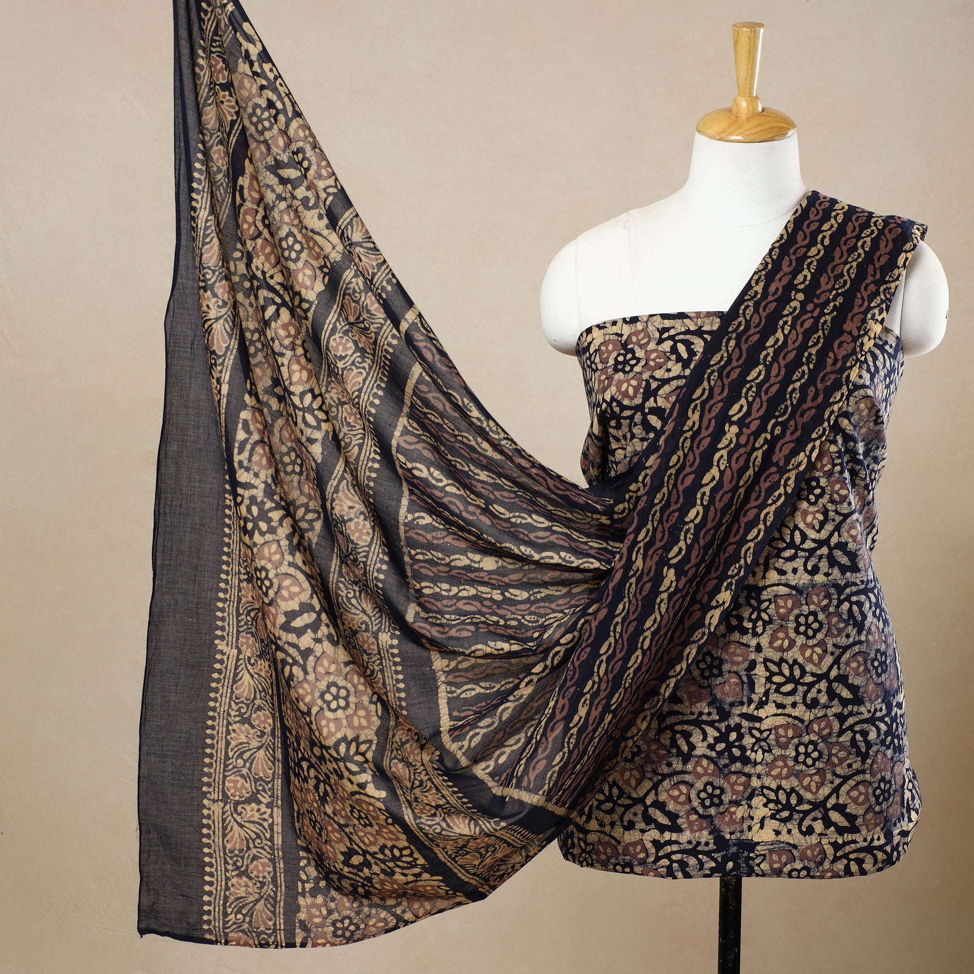 Beige - 3pc Cotton Kutch Batik Print Dress Material 35