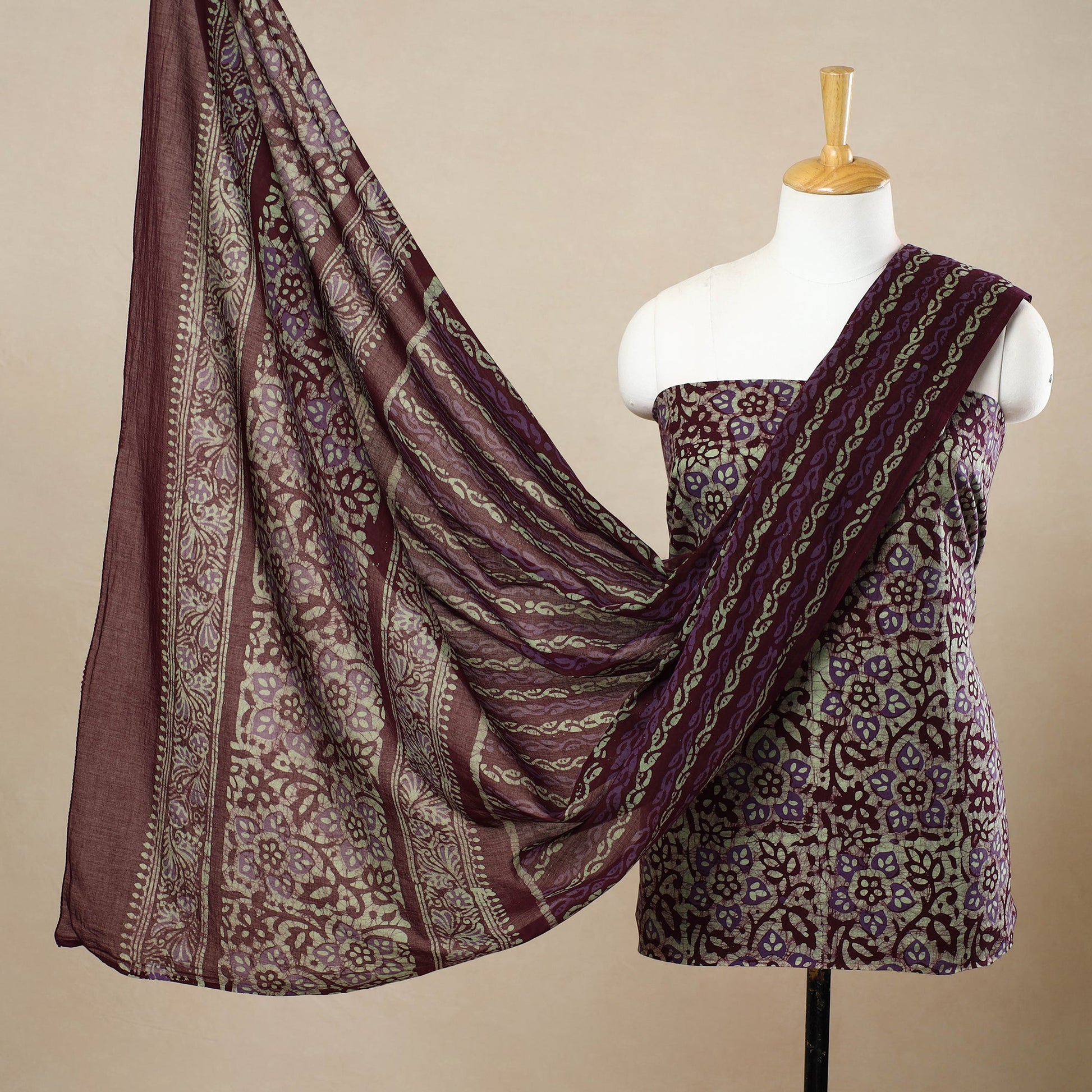 Brown - 3pc Cotton Kutch Batik Print Dress Material 36