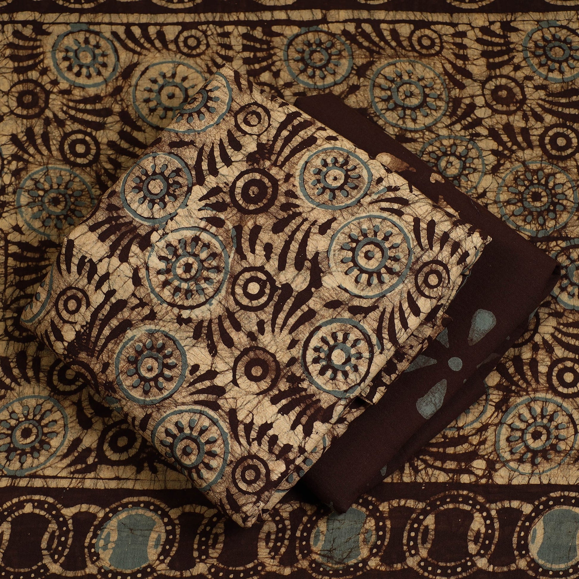Brown - 3pc Cotton Kutch Batik Print Dress Material 52