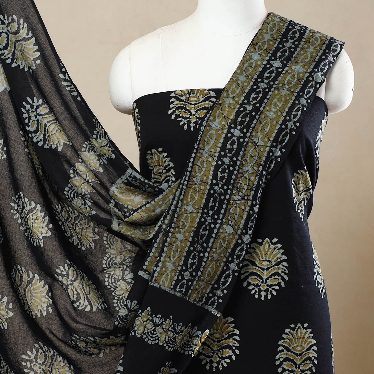 Black - 3pc Cotton Kutch Batik Print Dress Material 55