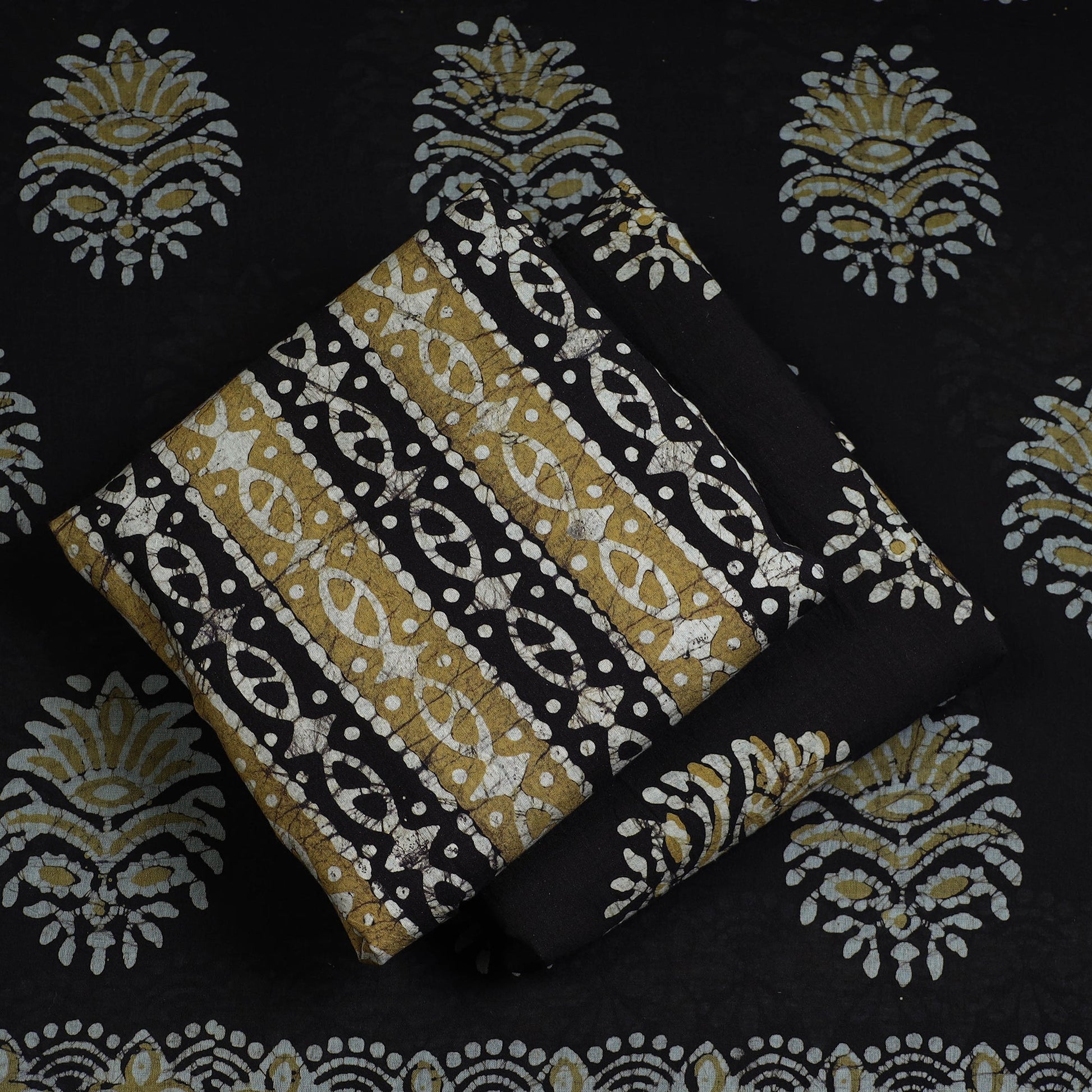 Black - 3pc Cotton Kutch Batik Print Dress Material 55