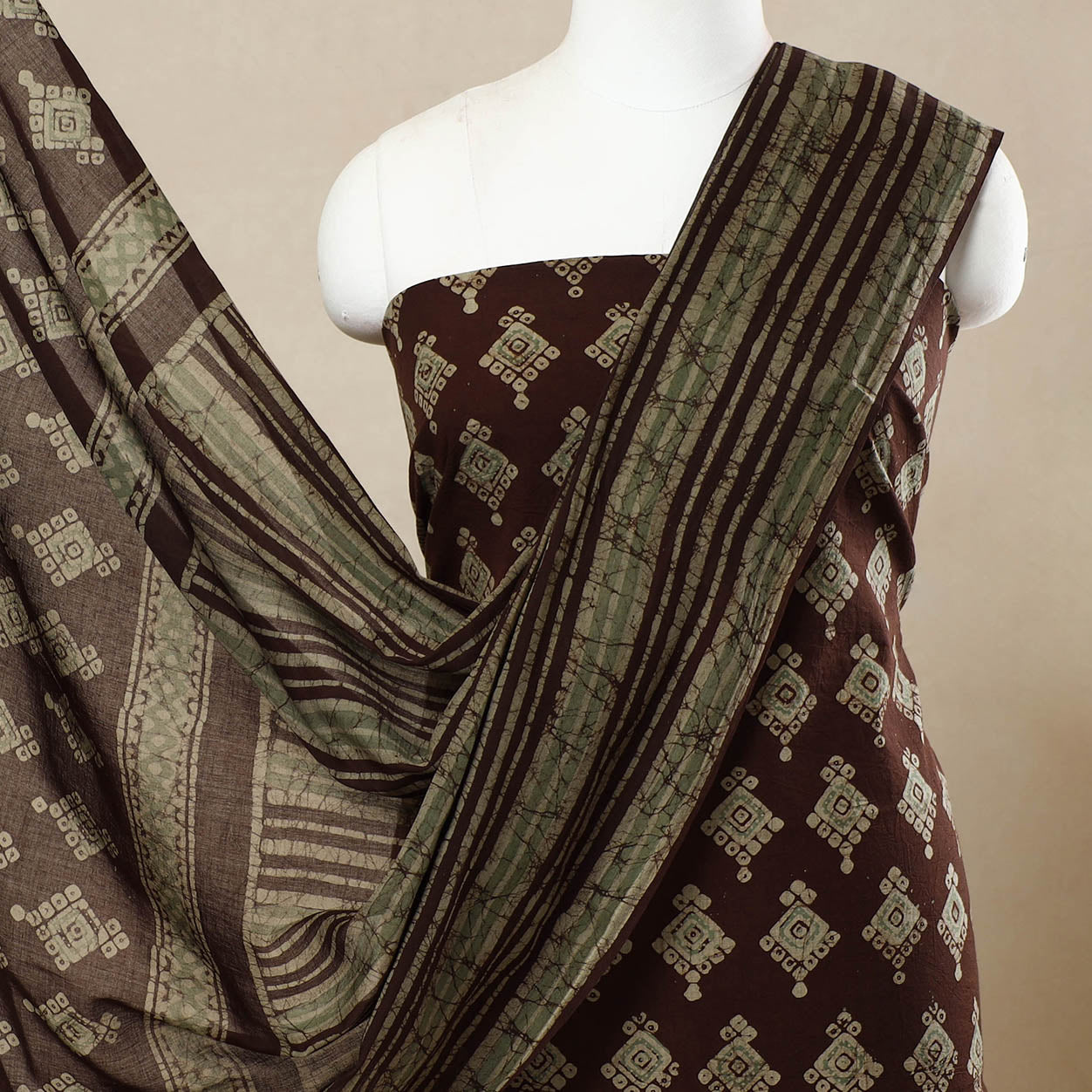 Brown - 3pc Cotton Kutch Batik Print Dress Material 56