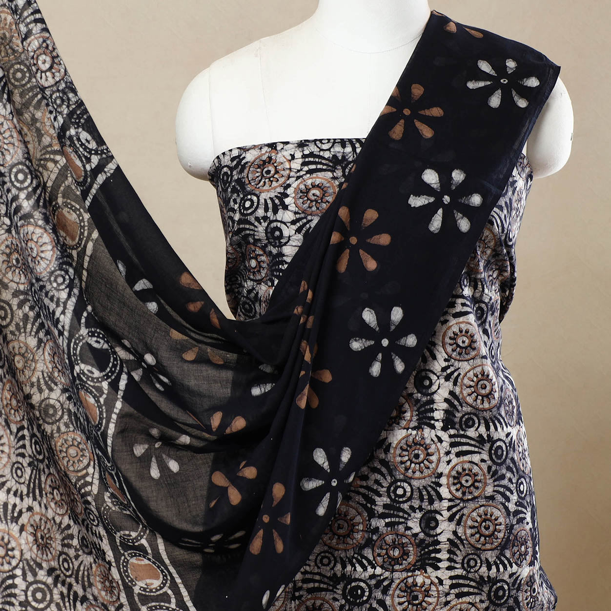 Black - 3pc Cotton Kutch Batik Print Dress Material 64