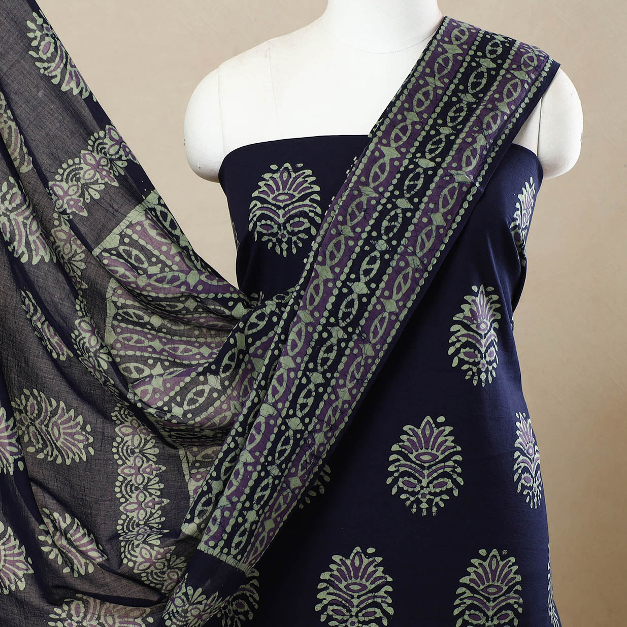 Blue - 3pc Cotton Kutch Batik Print Dress Material 66