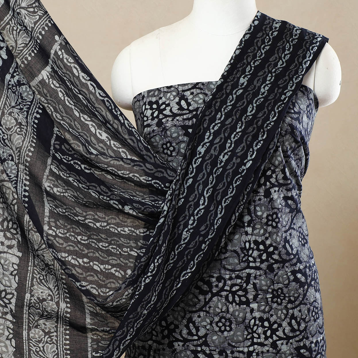 Black - 3pc Cotton Kutch Batik Print Dress Material 68