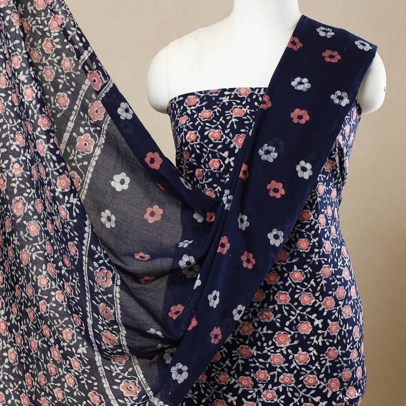 Blue - 3pc Cotton Kutch Batik Print Dress Material 77