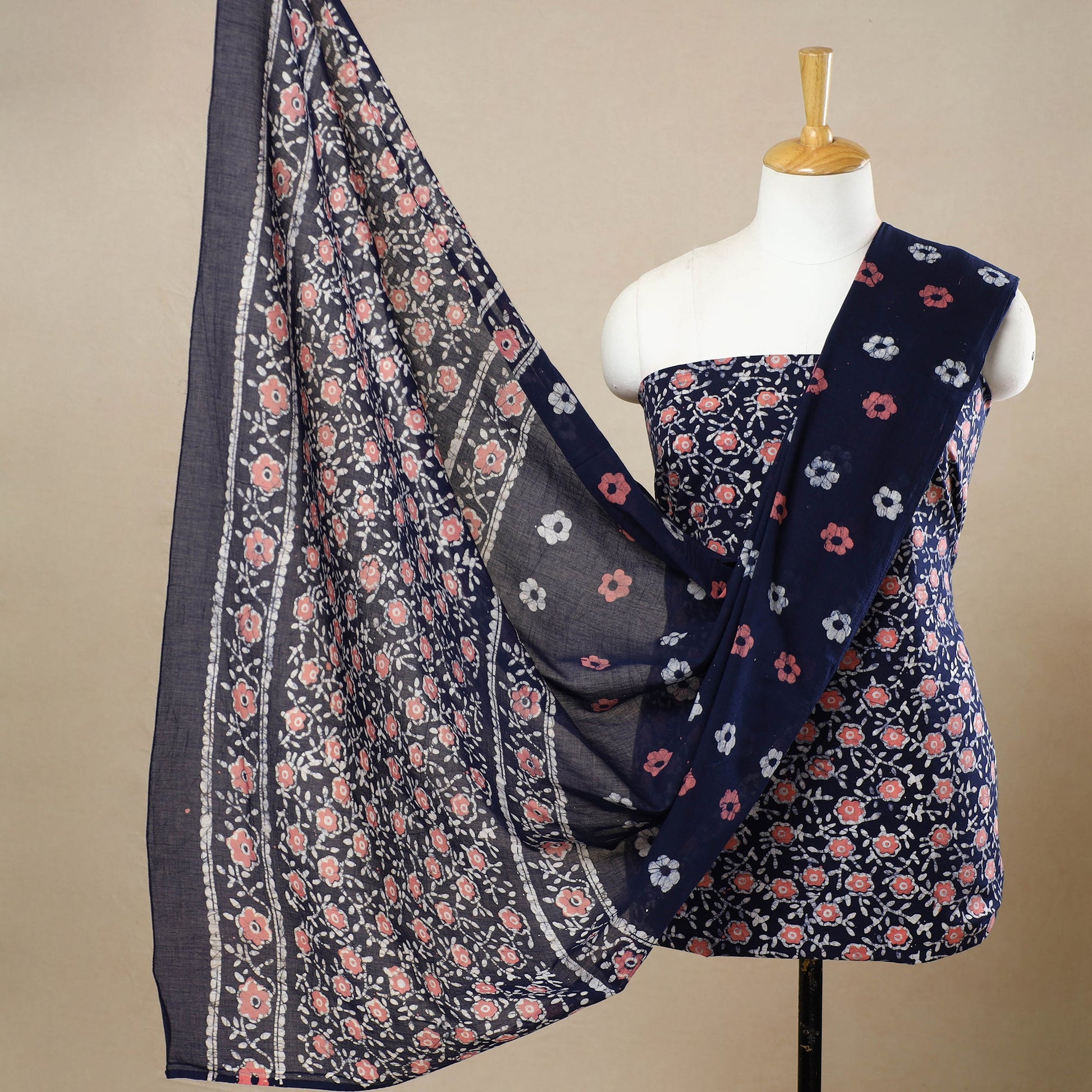 Blue - 3pc Cotton Kutch Batik Print Dress Material 77
