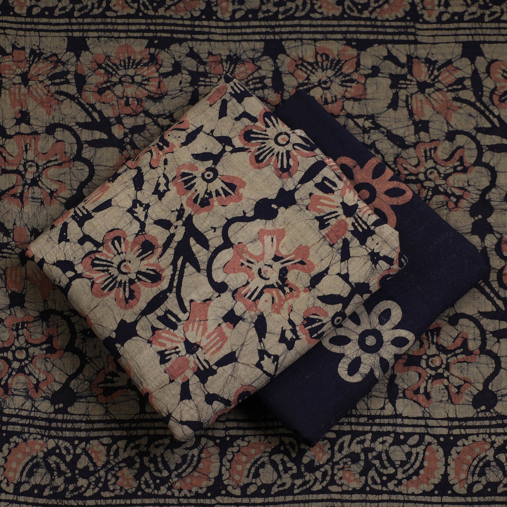 Beige - 3pc Cotton Kutch Batik Print Dress Material 80