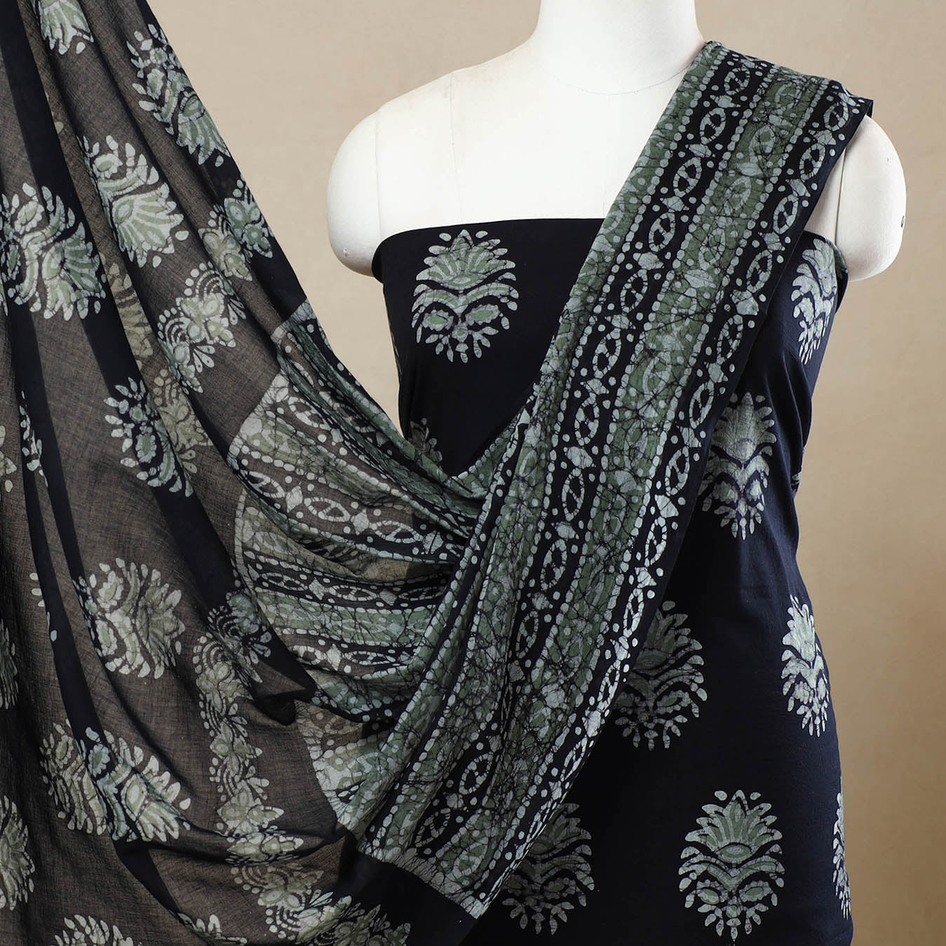 Black - 3pc Cotton Kutch Batik Print Dress Material 81