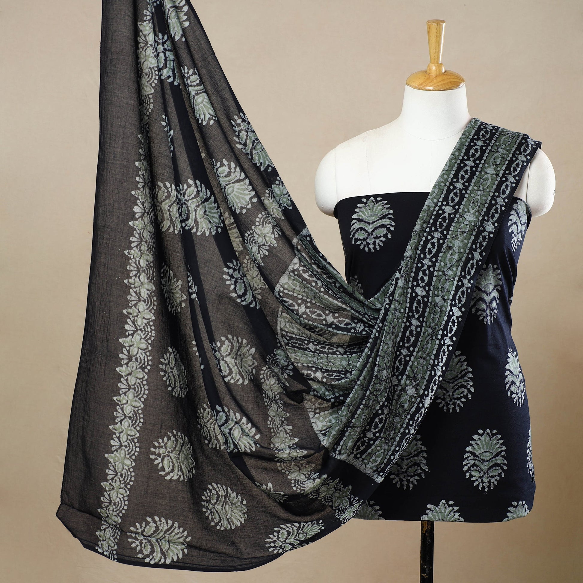 Black - 3pc Cotton Kutch Batik Print Dress Material 81