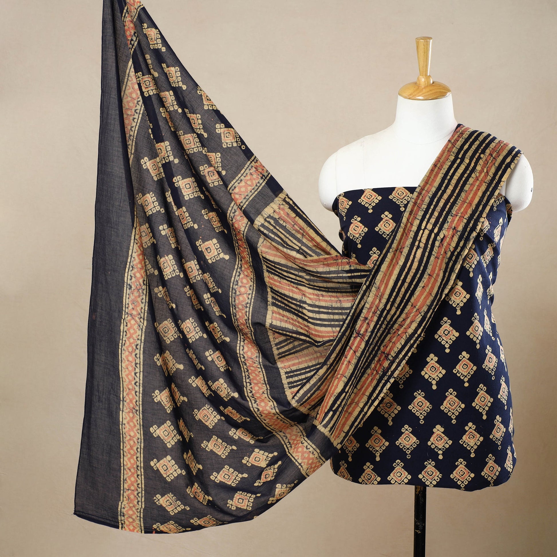 Blue - 3pc Cotton Kutch Batik Print Dress Material 83