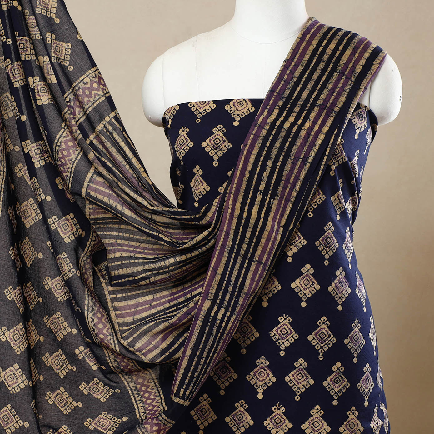 Blue - 3pc Cotton Kutch Batik Print Dress Material 84