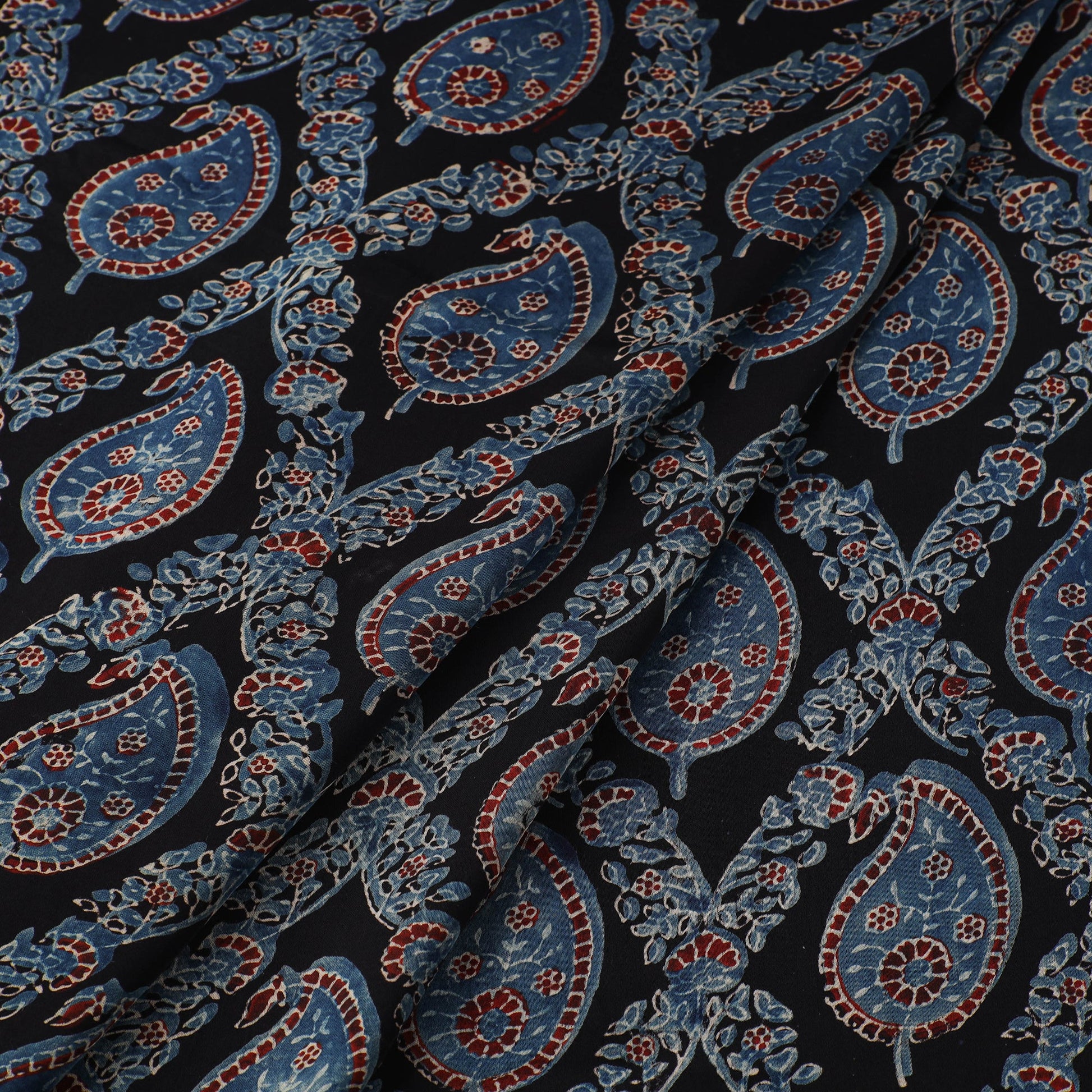 Black - Ajrakh Block Printed Modal Silk Fabric from Kutch 12