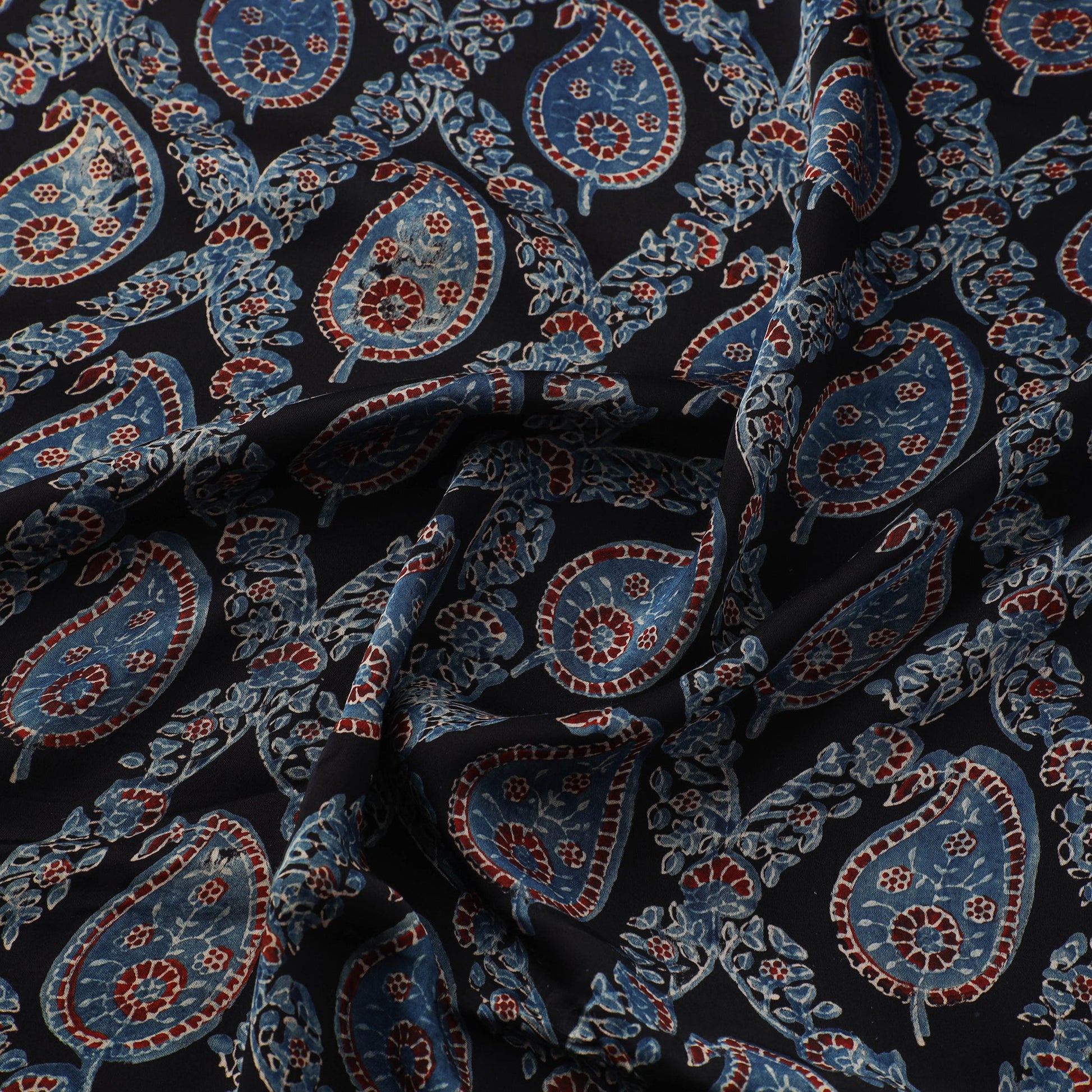 Black - Ajrakh Block Printed Modal Silk Fabric from Kutch 12