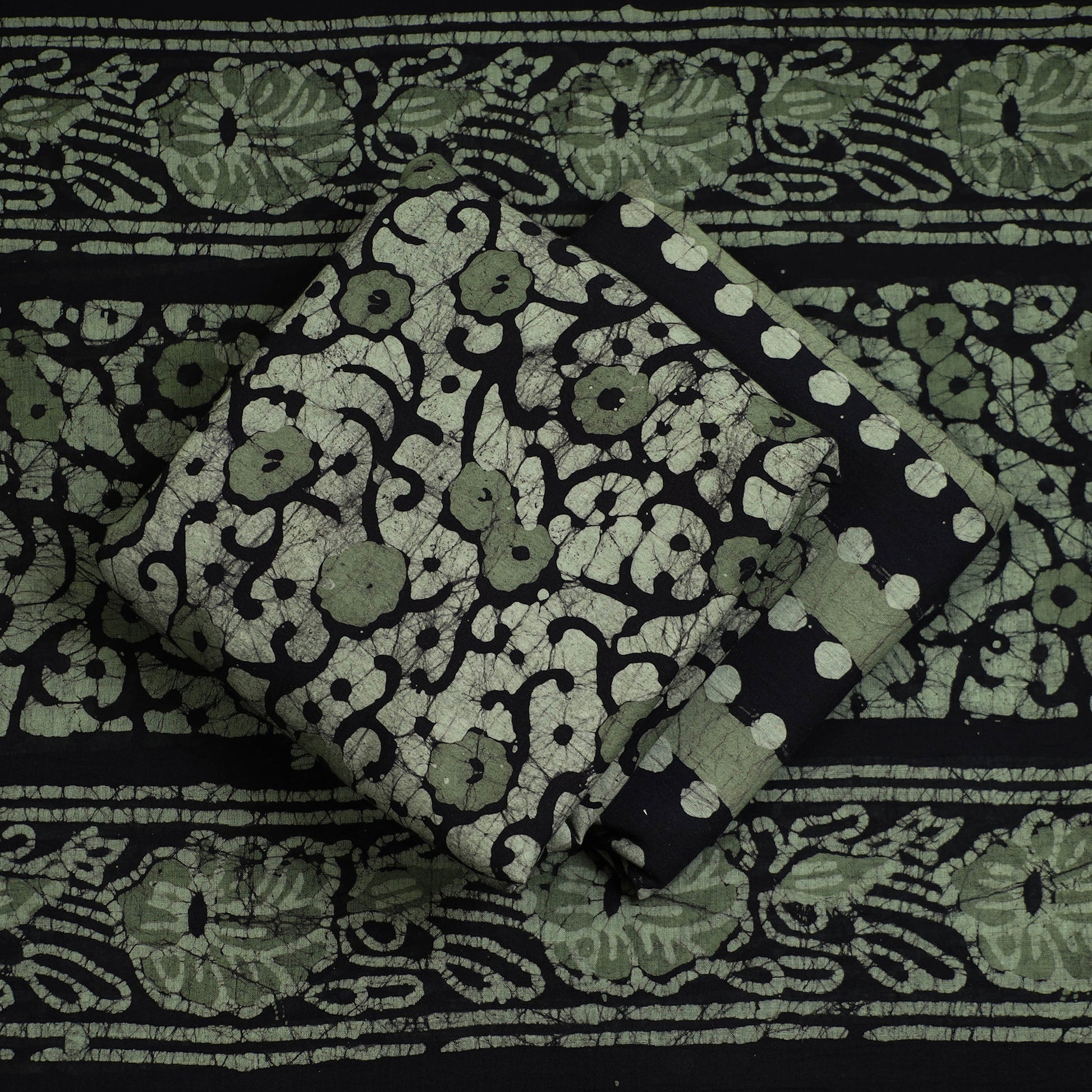Green - 3pc Cotton Kutch Batik Print Dress Material 87