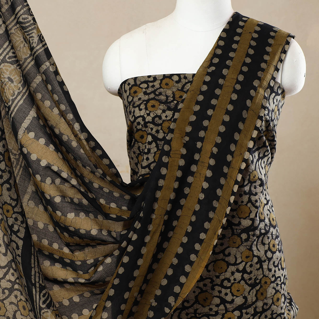 Beige - 3pc Cotton Kutch Batik Print Dress Material 89