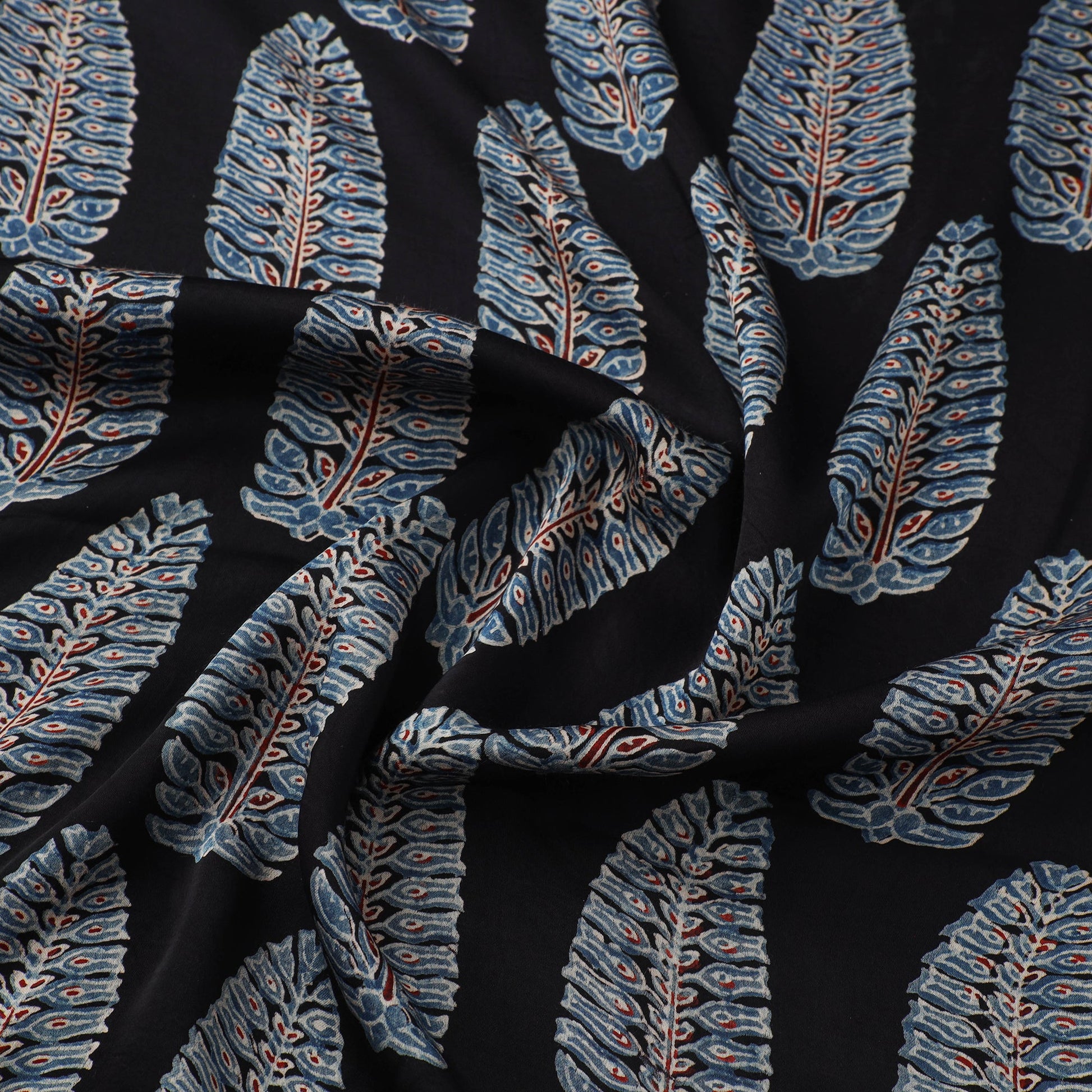 Black - Ajrakh Block Printed Modal Silk Fabric from Kutch 13