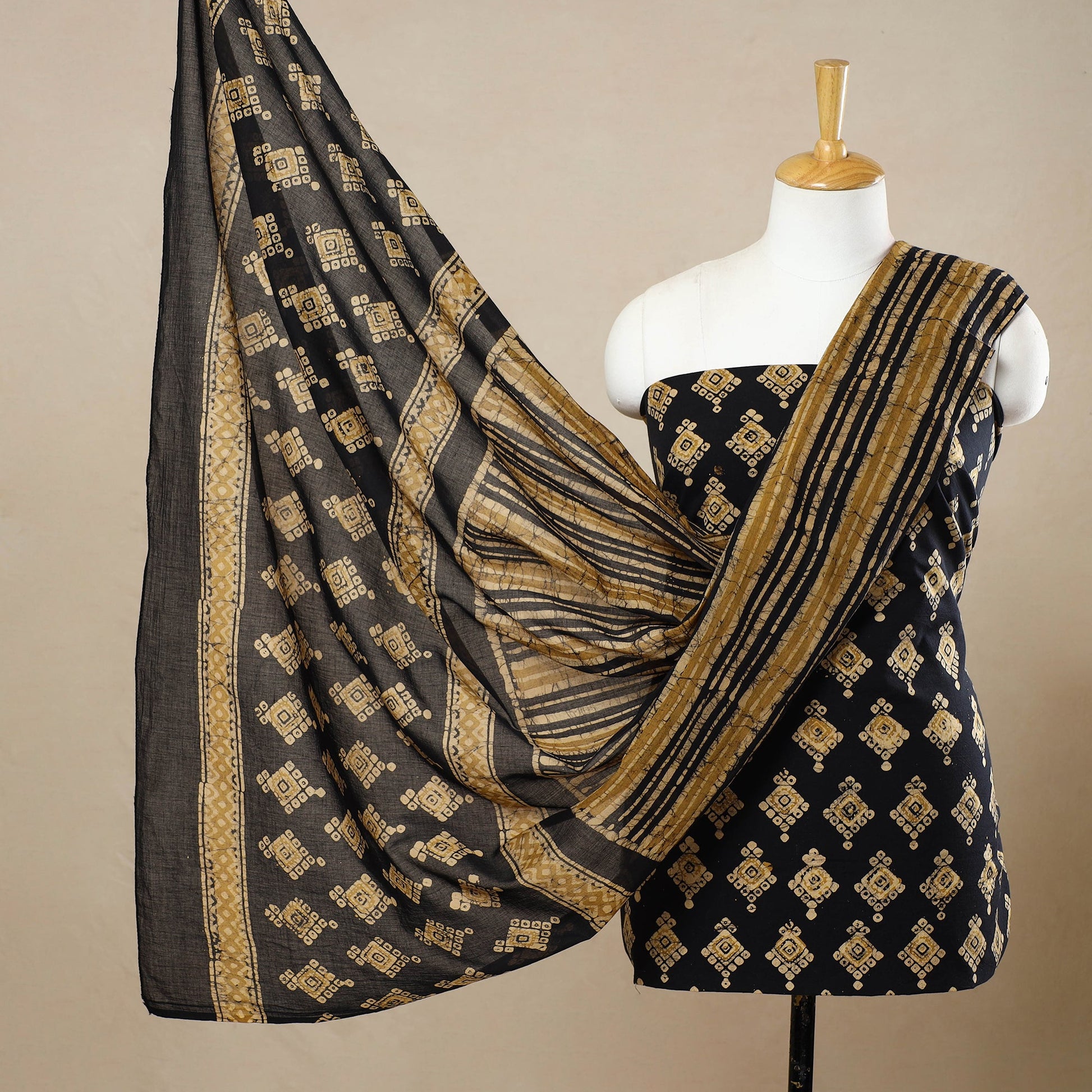 Black - 3pc Cotton Kutch Batik Print Dress Material 92