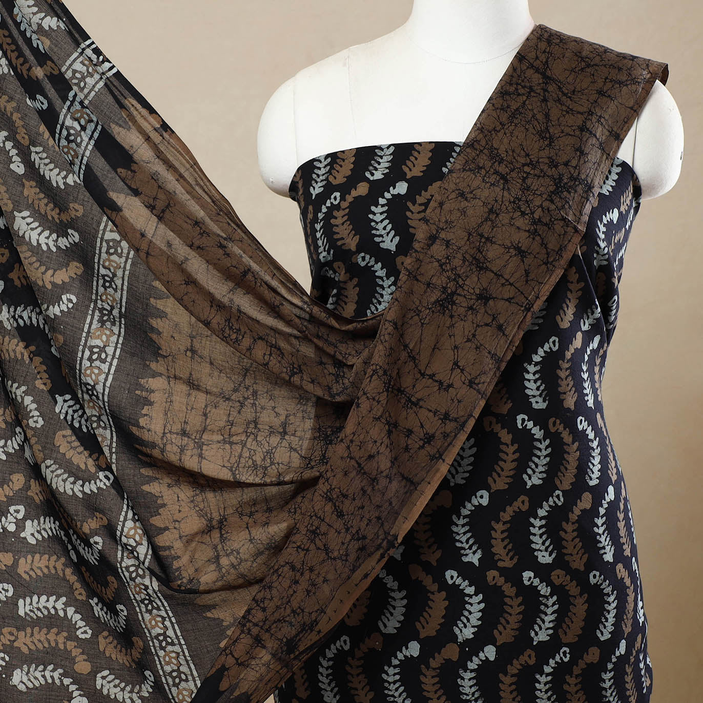 Brown - 3pc Cotton Kutch Batik Print Dress Material 95