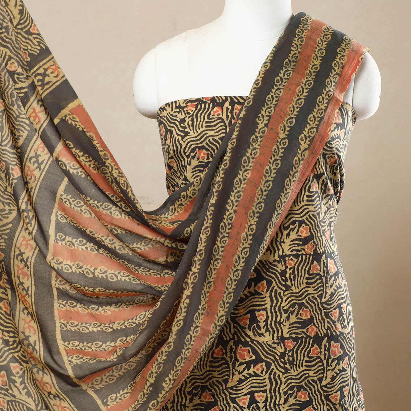 Beige - 3pc Cotton Kutch Batik Print Dress Material 98