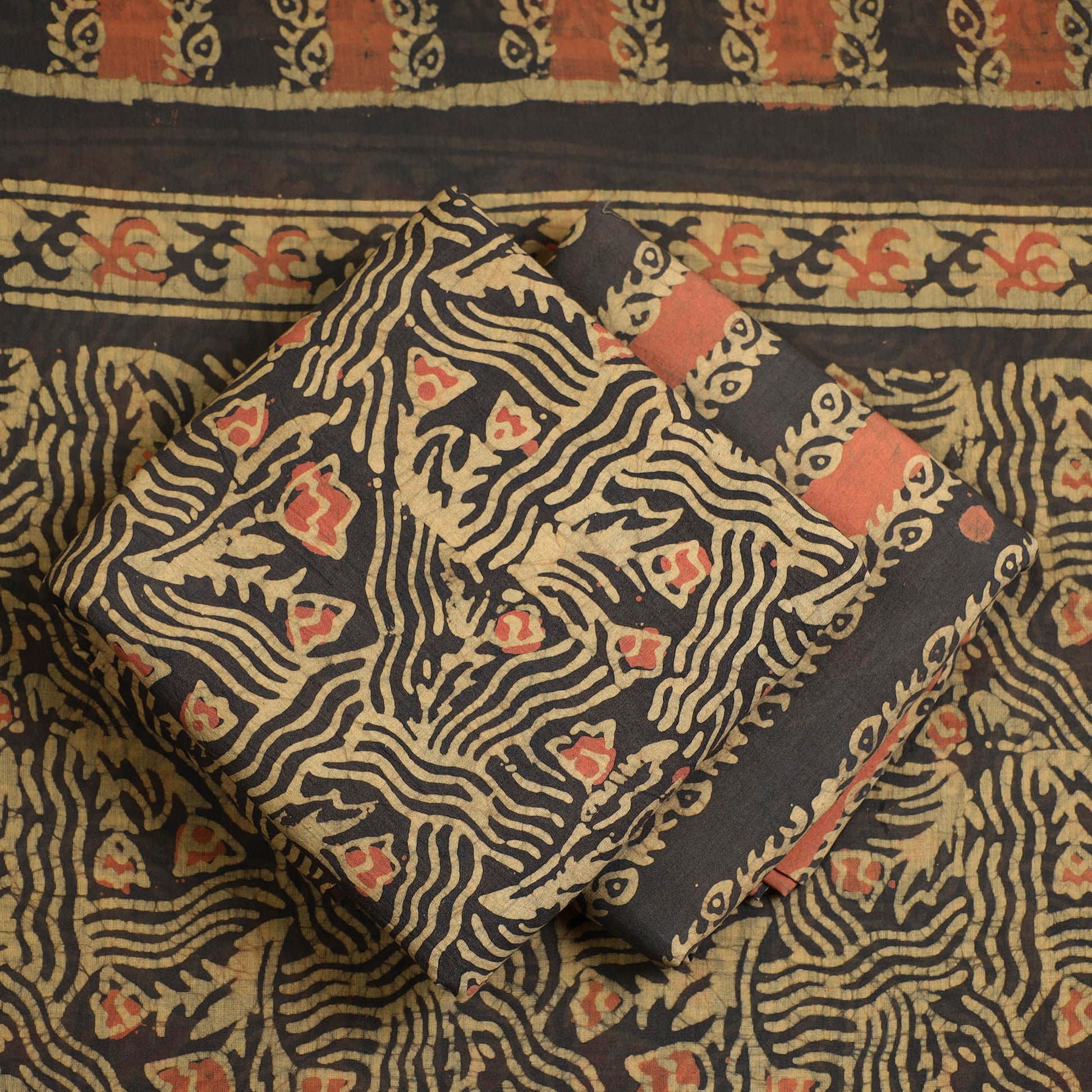Beige - 3pc Cotton Kutch Batik Print Dress Material 98