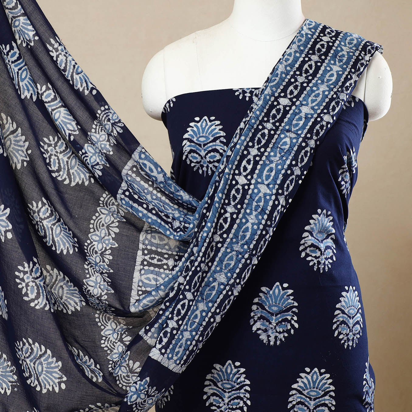 Blue - 3pc Cotton Kutch Batik Print Dress Material 99