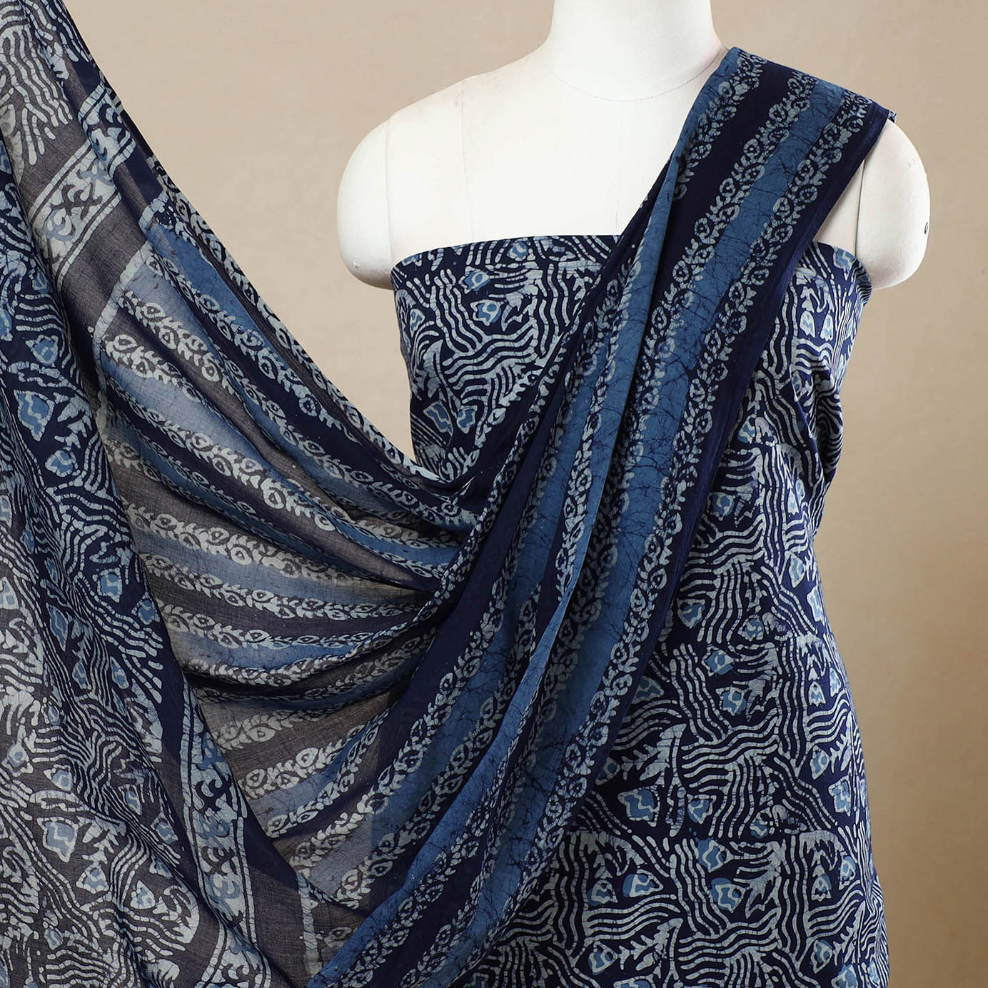 Blue - 3pc Cotton Kutch Batik Print Dress Material 100