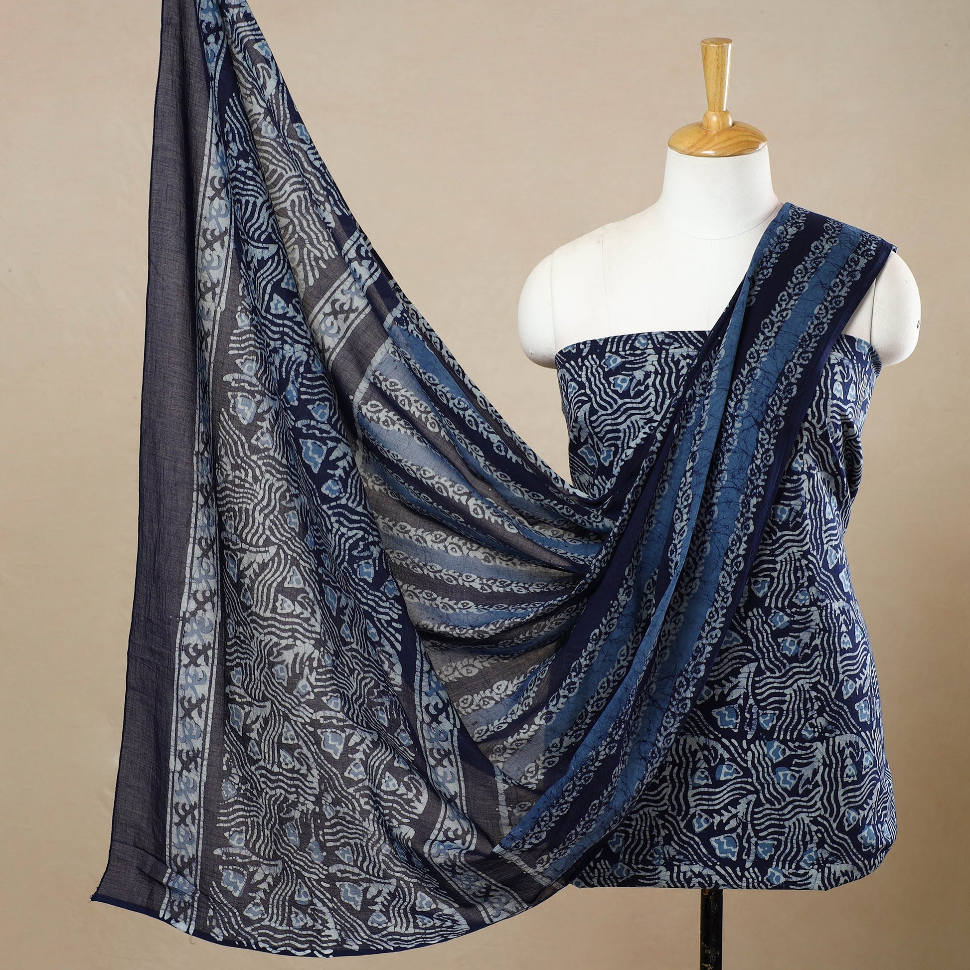 Blue - 3pc Cotton Kutch Batik Print Dress Material 100