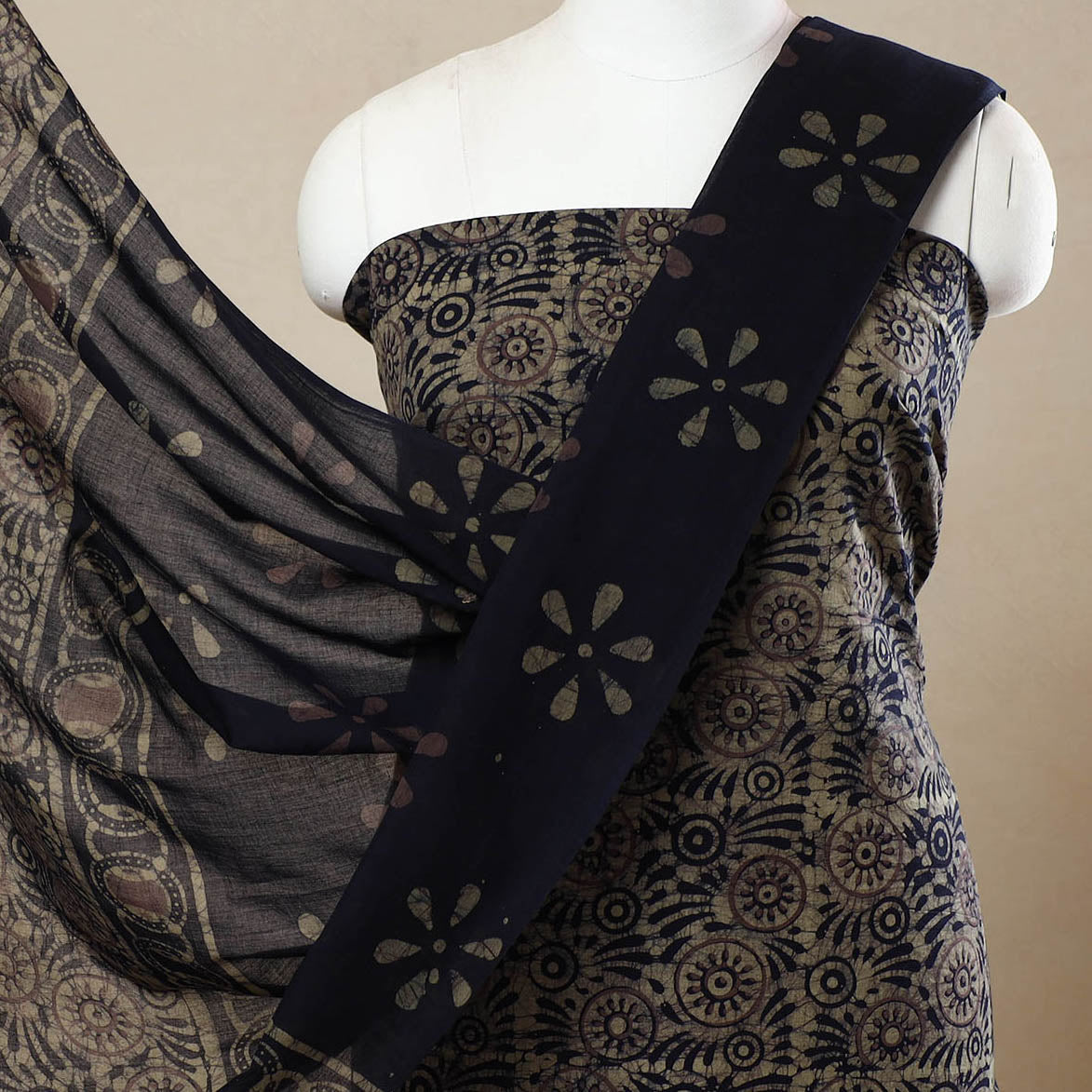 Black - 3pc Cotton Kutch Batik Print Dress Material 103