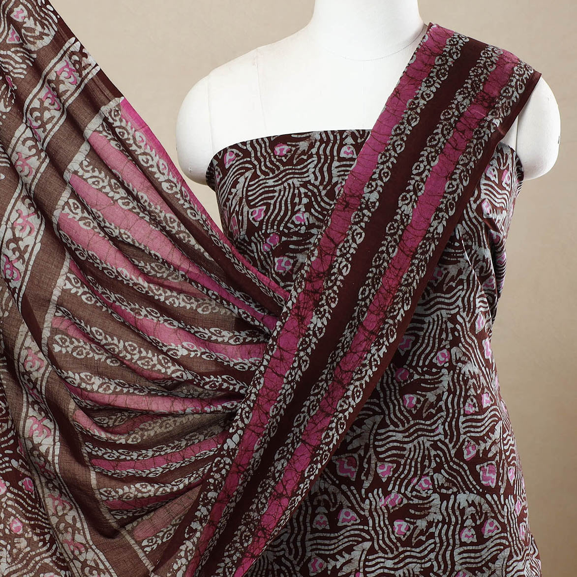 Brown - 3pc Cotton Kutch Batik Print Dress Material 106