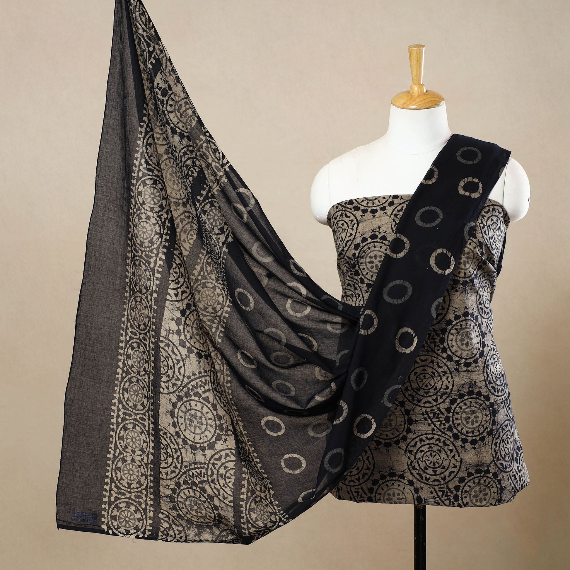 Beige - 3pc Cotton Kutch Batik Print Dress Material 119