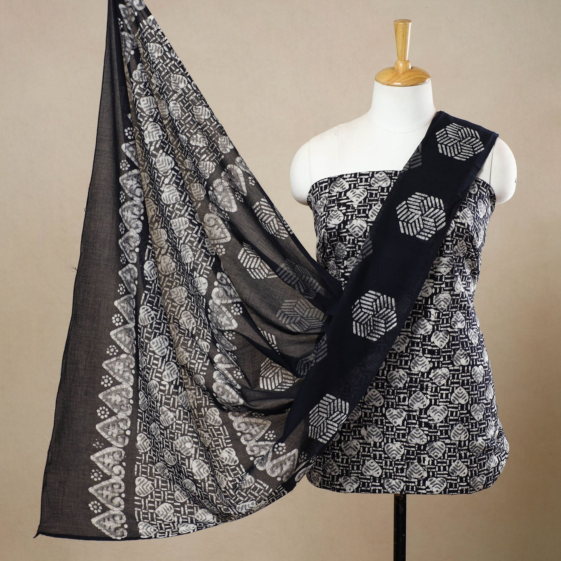 Black - 3pc Cotton Kutch Batik Print Dress Material 122