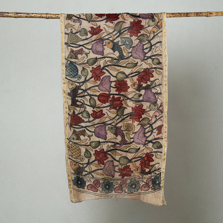 Beige - Srikalahasti Pen Work Kalamkari Handpainted Chanderi Silk Stole 29