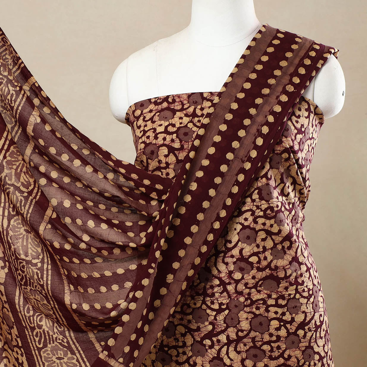 Brown - 3pc Cotton Kutch Batik Print Dress Material 138