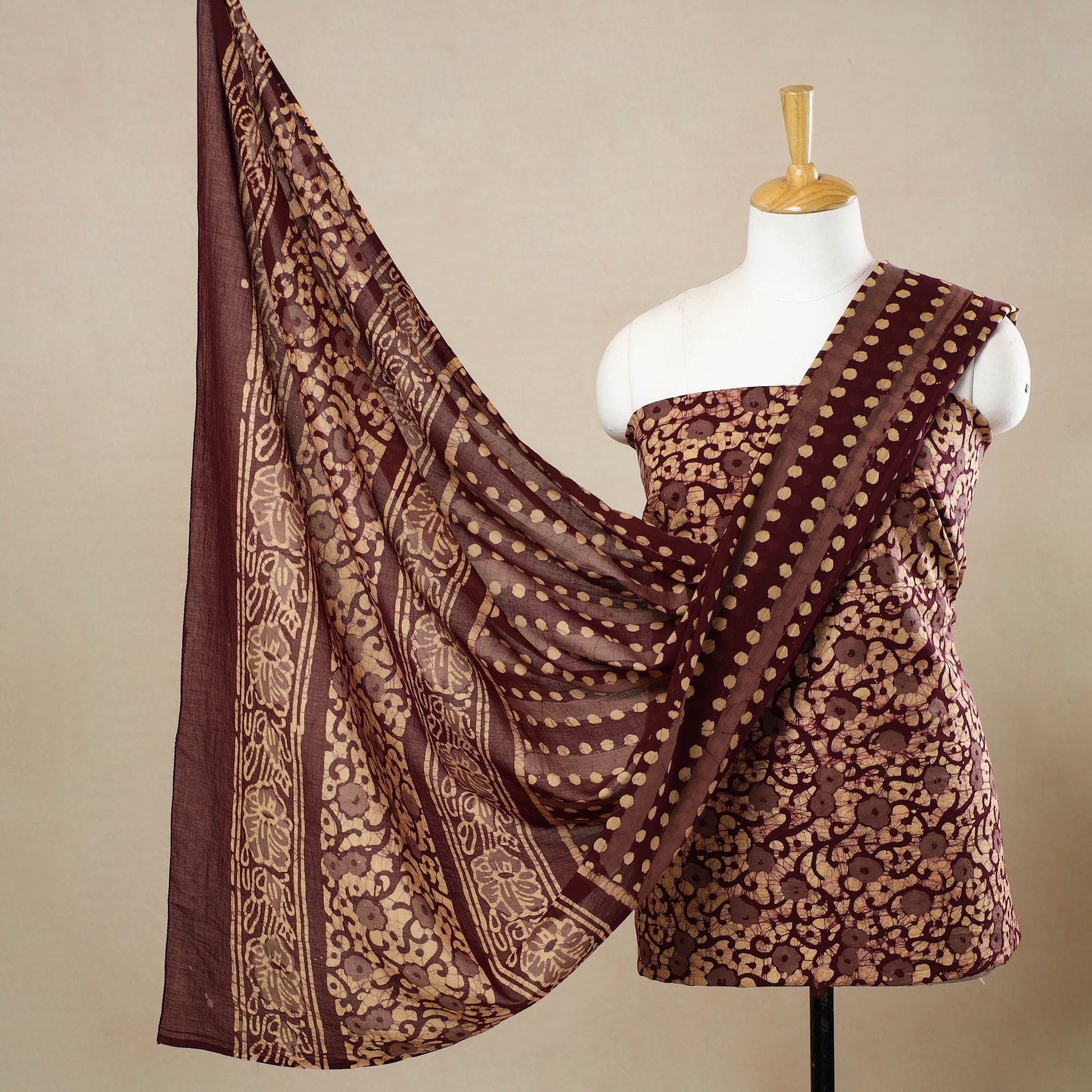 Brown - 3pc Cotton Kutch Batik Print Dress Material 138