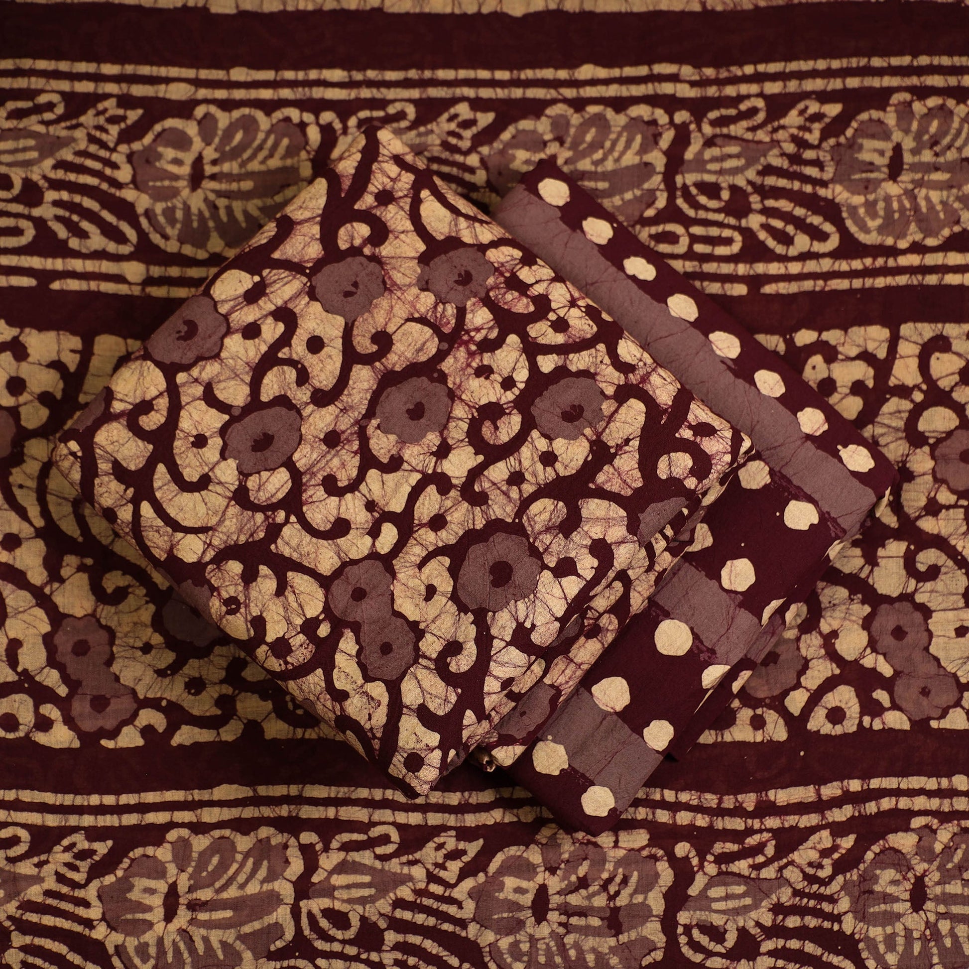 Brown - 3pc Cotton Kutch Batik Print Dress Material 138
