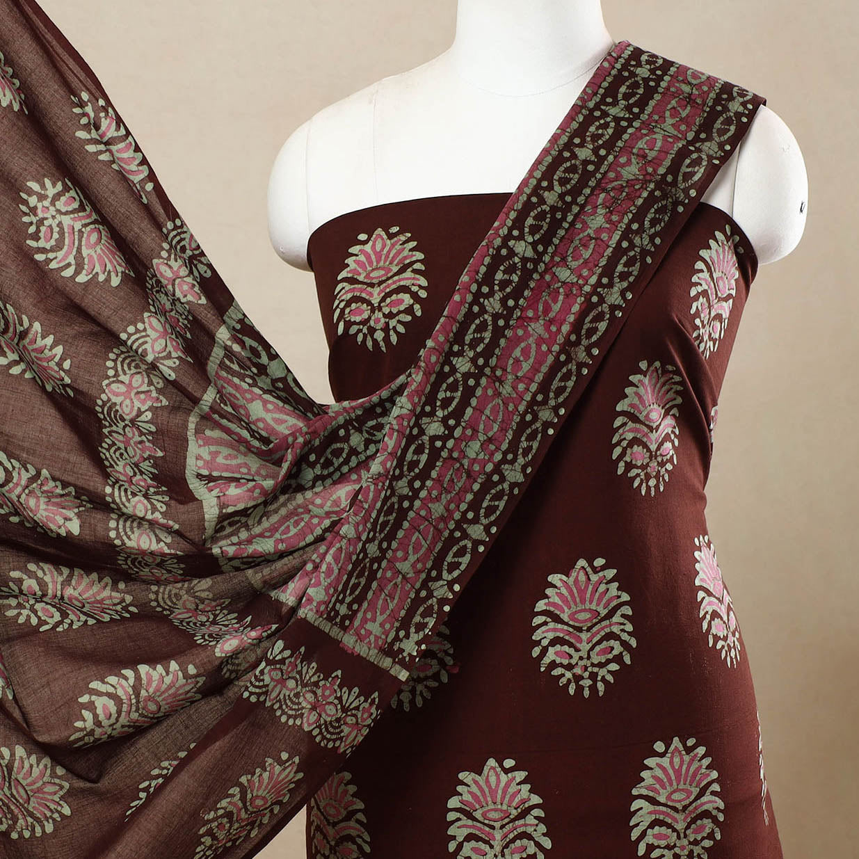 Brown - 3pc Cotton Kutch Batik Print Dress Material 141