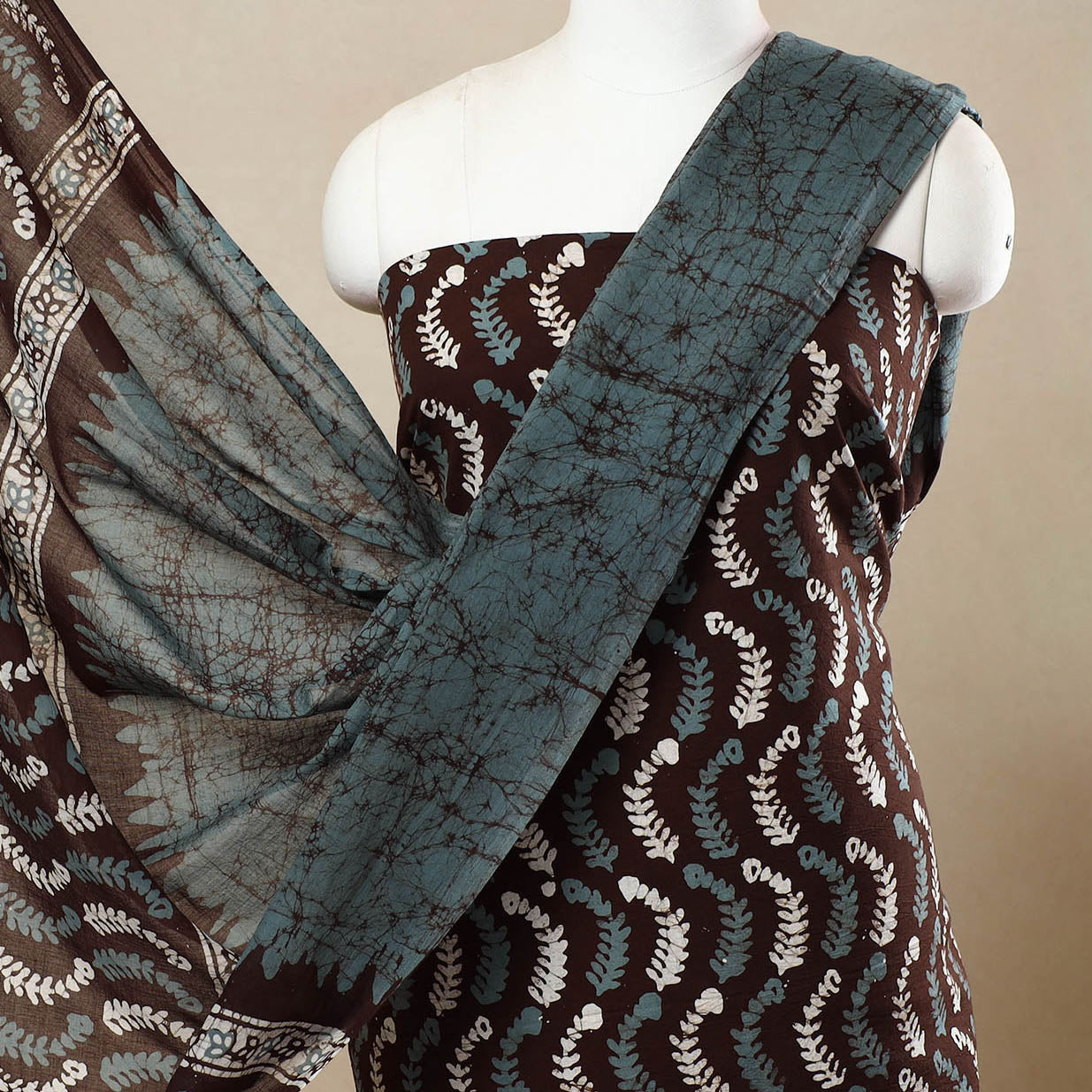 Brown - 3pc Cotton Kutch Batik Print Dress Material 143