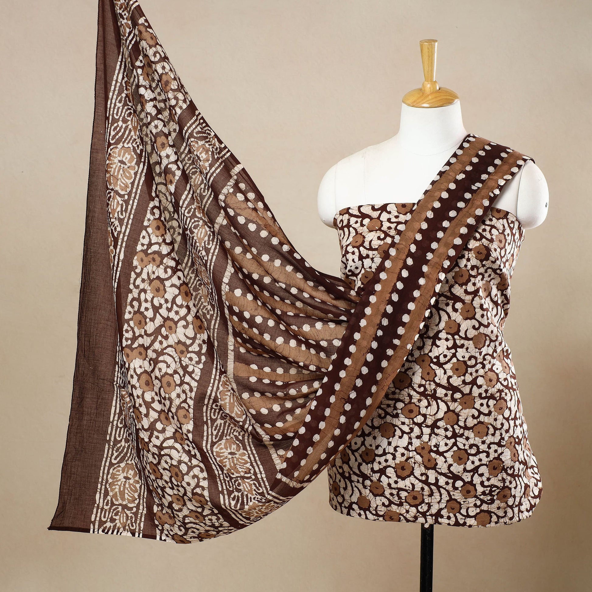 Brown - 3pc Cotton Kutch Batik Print Dress Material 149