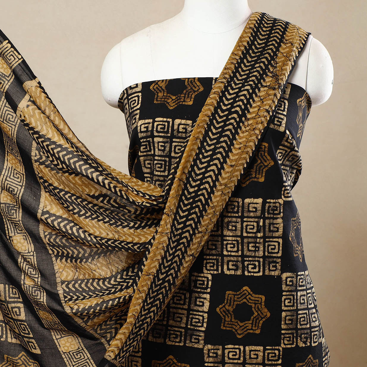 Black - 3pc Cotton Kutch Batik Print Dress Material 152