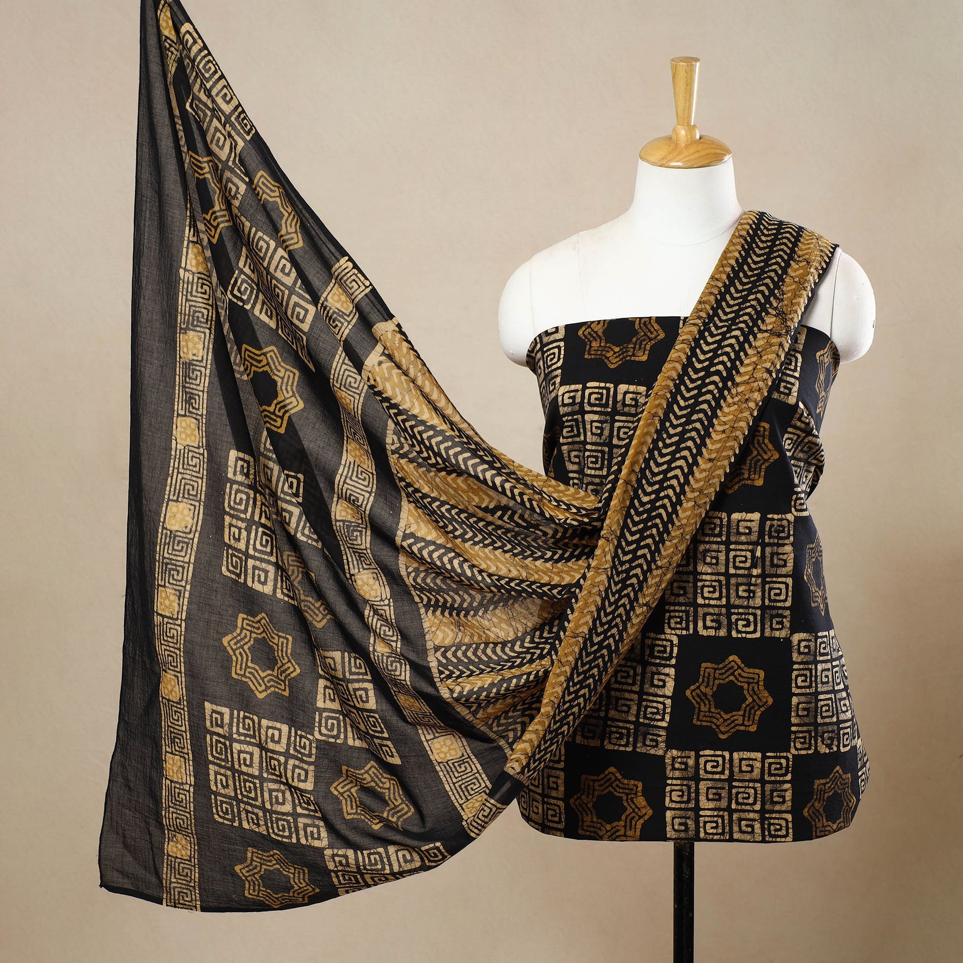 Black - 3pc Cotton Kutch Batik Print Dress Material 152