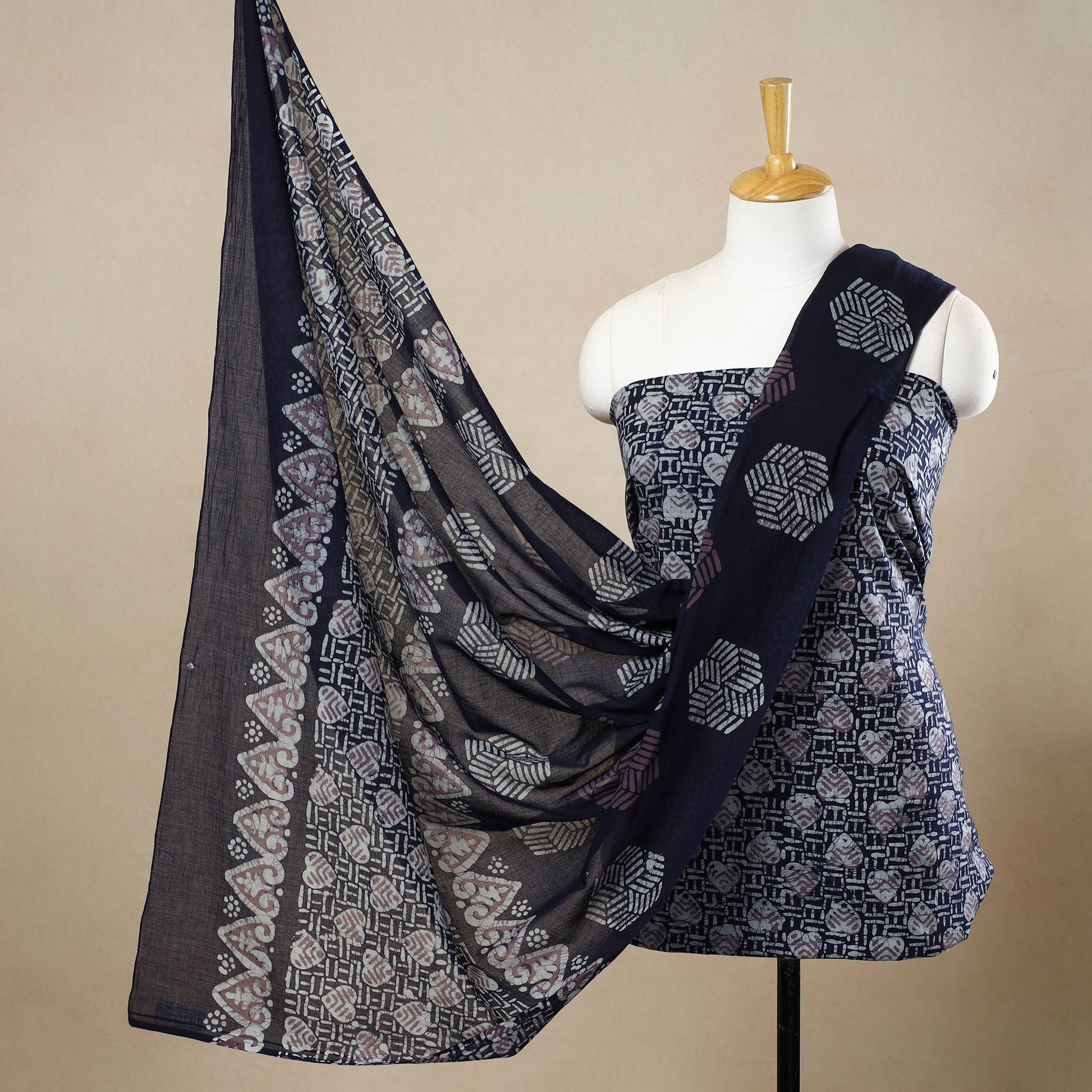 Blue - 3pc Cotton Kutch Batik Print Dress Material 157