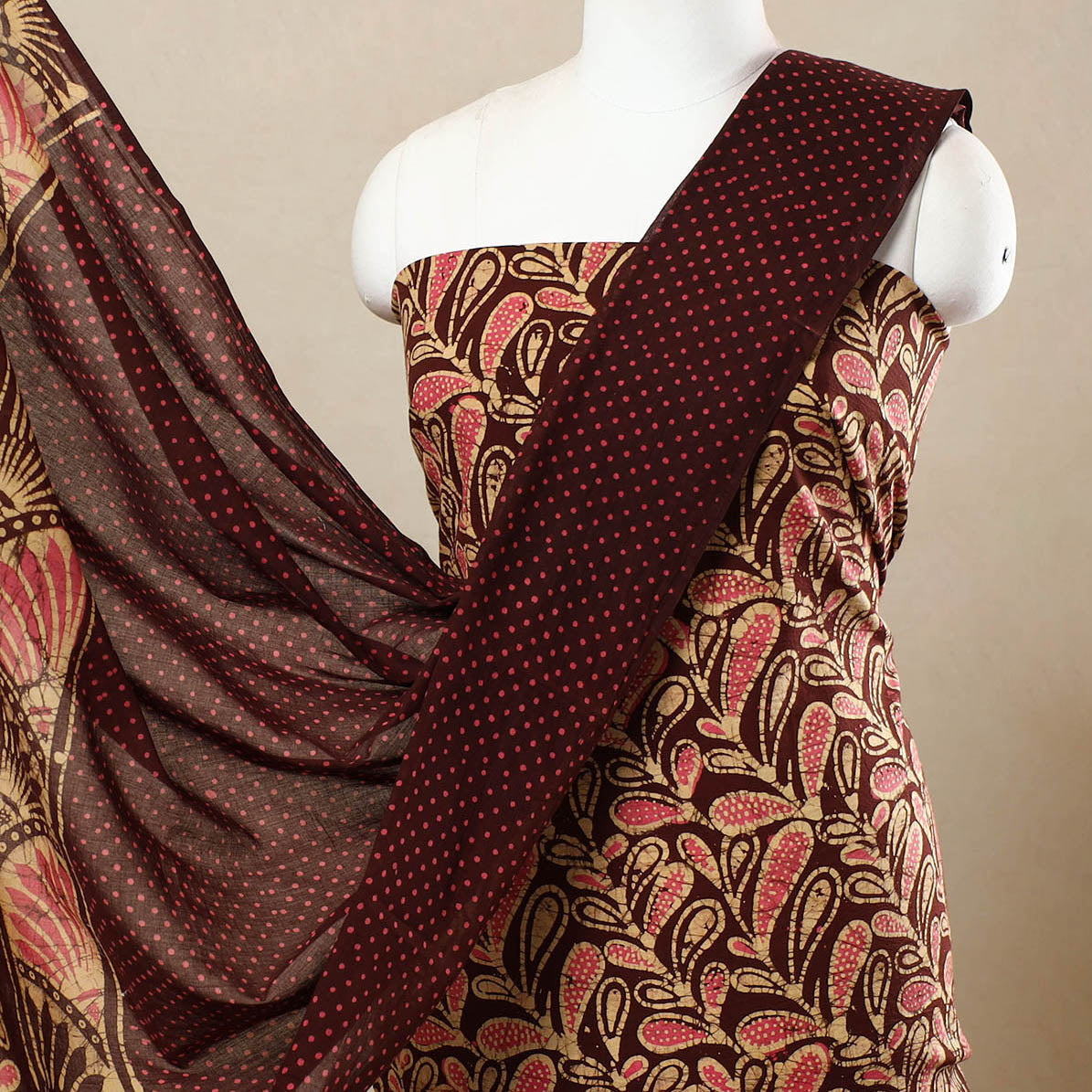 Brown - 3pc Cotton Kutch Batik Print Dress Material 163