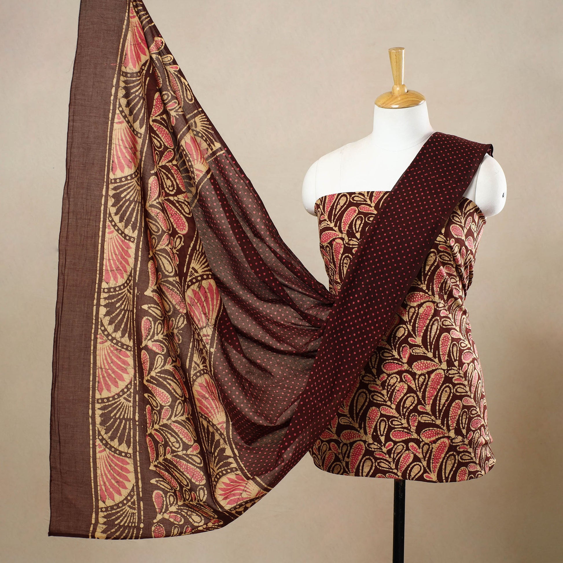 Brown - 3pc Cotton Kutch Batik Print Dress Material 163